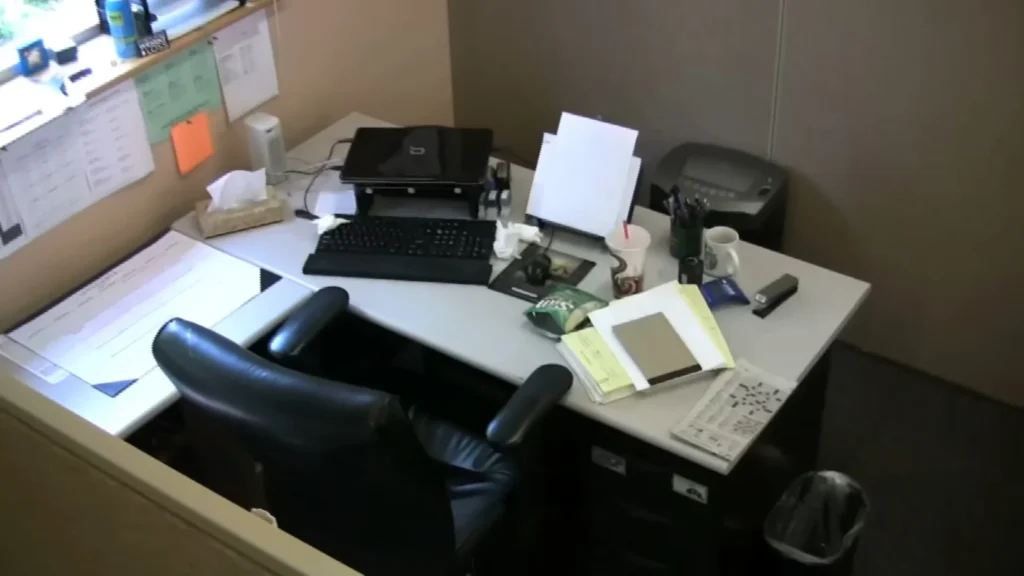 Professional office cleaning with desk and equipment
