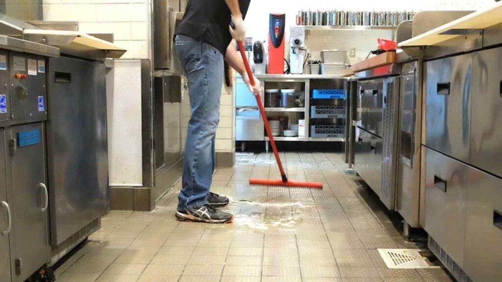 Professional cleaning services worker mopping tile floors in a Buena commercial kitchen space