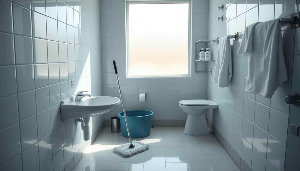 Professional cleaning services wiping down tiled bathroom walls in a Harrah home